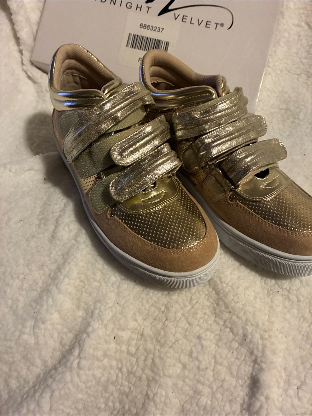 Midnight Velvet Ladies Gold and Tan Metallic Strap Sneakers